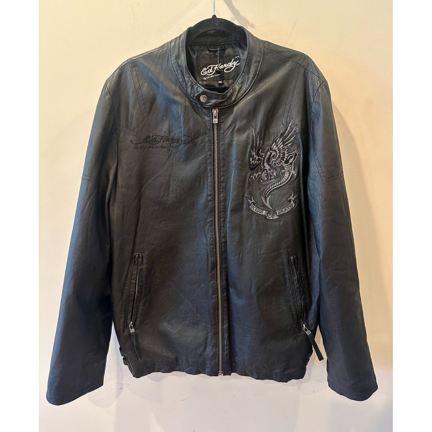Rare Vtg Ed Hardy Christian Audigier Kiss Of Death 4xl Moto Leather Jacket